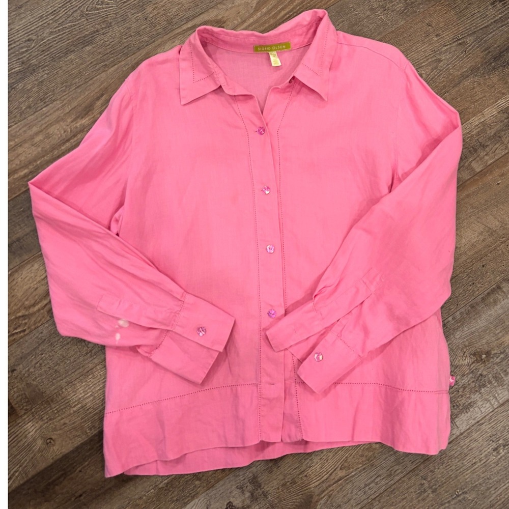 Sigrid Olsen Womens Pink 100% Linen 2 Piece Set Floral Pants Button Shirt M - Picture 3 of 15